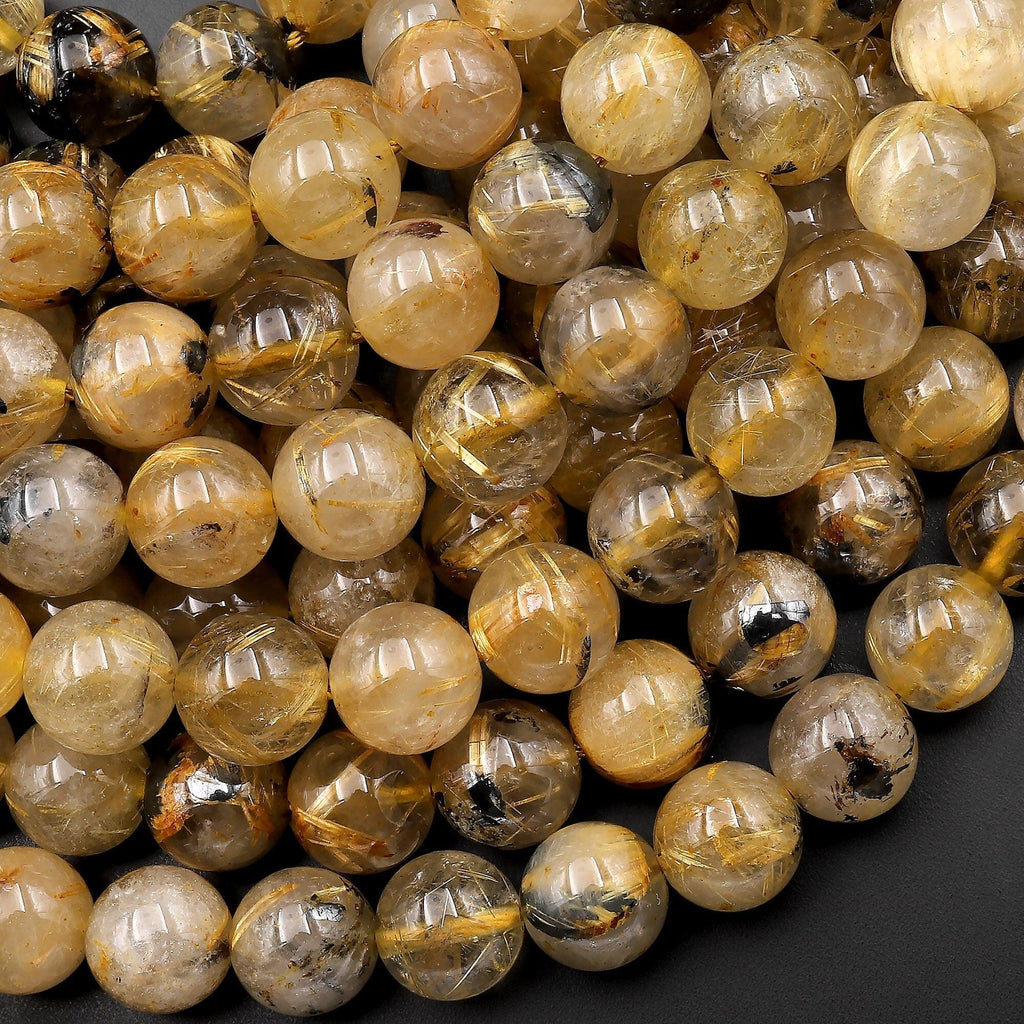 Natural Golden Rutile Quartz w Hematite 8mm 10mm 12mm 14mm Round Bead 15.5" Strand