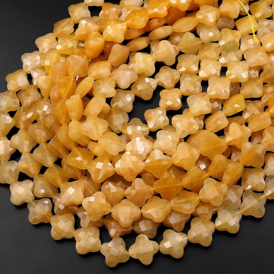 Four Leaf Clover Beads Natural Yellow Jade Carved Flower Gemstone 15.5" Strand
