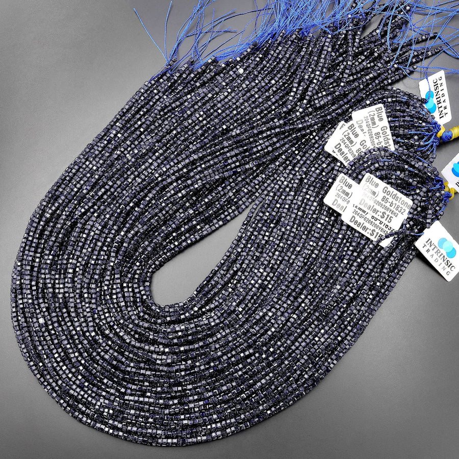 Micro Faceted Blue Goldstone Sandstone Beads 2mm Gemstone Cube 15.5" Strand