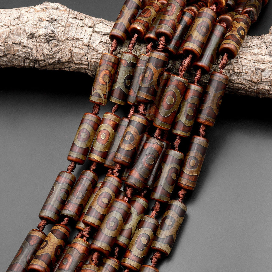 Tibetan Agate Cylinder Tube Beads Dzi Brown Etched Eye Antique Boho 15.5" Strand