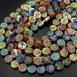 Hand Made Cloisonné Coin Disc Beads 14mm Decorative Floral Enamel 15.5" Strand