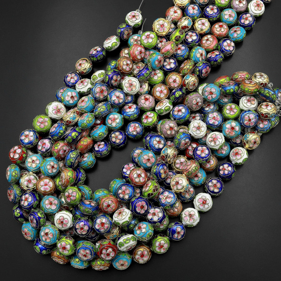 Hand Made Cloisonné Coin Beads 14mm Decorative Floral Copper Enamel 15.5" Strand