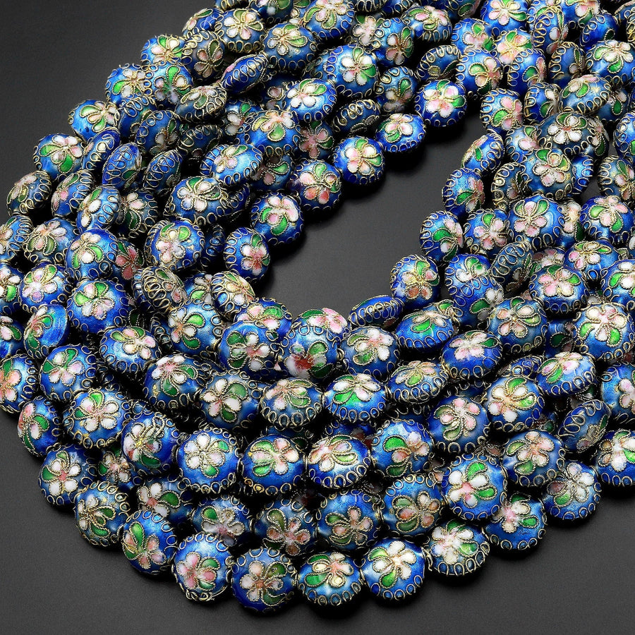 Hand Made Blue Cloisonné Coin Beads 12mm Decorative Floral Enamel 15.5" Strand