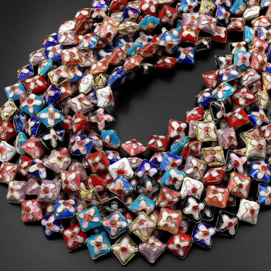 Hand Made Cloisonné Diamond Beads 12mm Decorative Floral Copper Enamel 15.5" Strand