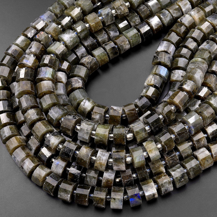 Faceted Labradorite Rondelle Beads Flashy 12mm Wheel Cylinder 15.5" Strand