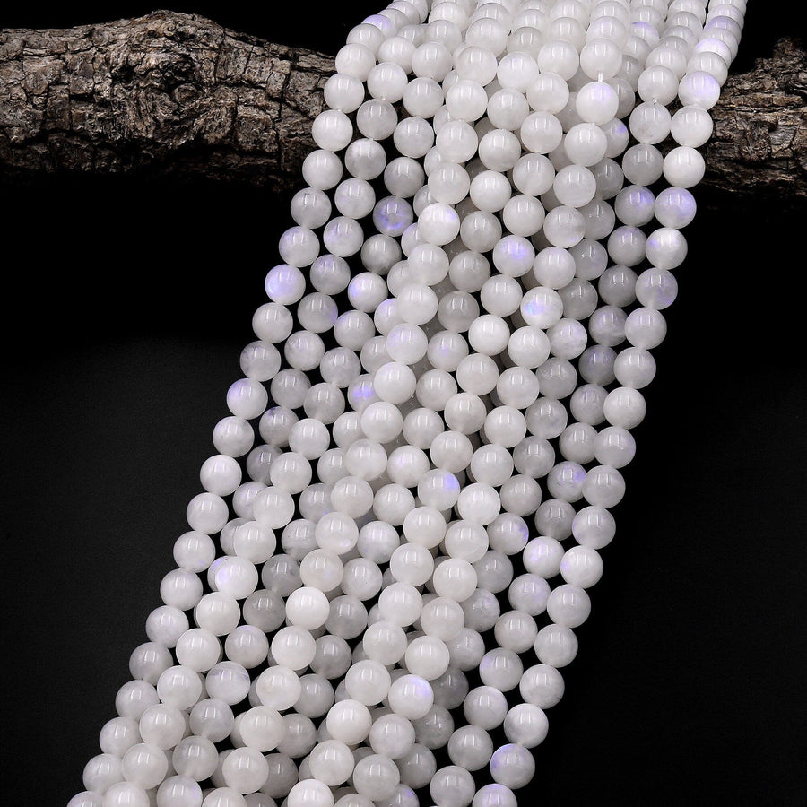 Natural White Rainbow Moonstone Round Beads 8mm 10mm Blue Flashes 15.5" Strand