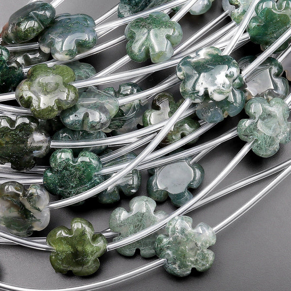 Natural Green Moss Agate Carved Cherry Blossom Flower Gemstone Beads 15mm