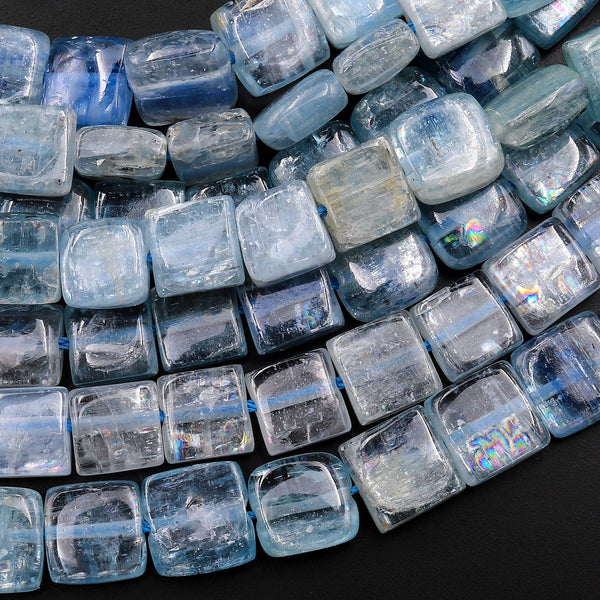 Rare Natural Bicolor Soft Silvery Blue Green Kyanite 8mm 10mm 12mm Square Beads 15.5" Strand