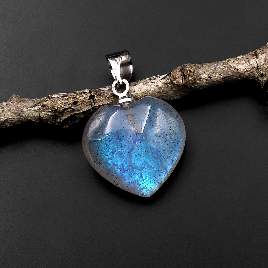AAA Natural Labradorite Puffy Heart Pendant Rainbow Flashes A1
