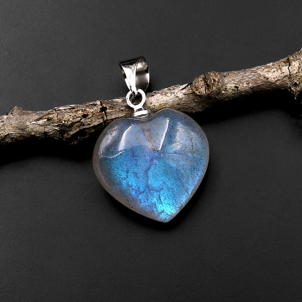 AAA Natural Labradorite Puffy Heart Pendant Rainbow Flashes A1