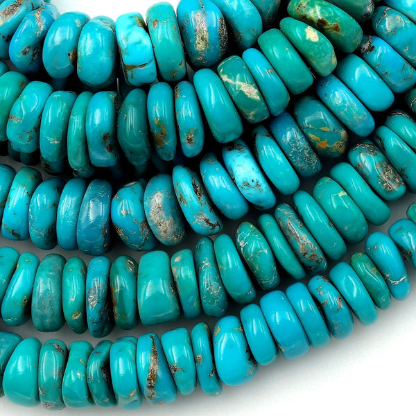 Genuine Natural Turquoise Heishi Beads 10mm Rondelle Vibrant Blue 15.5" Strand