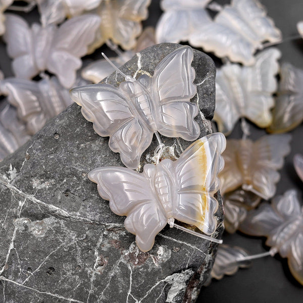 Hand Carved Natural Translucent Creamy White Gray Agate Butterfly Earring Pair