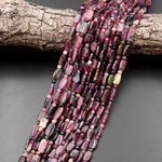 Natural Fuchsia Pink Tourmaline Freeform Rectangle Beads Gemstone 15.5" Strand