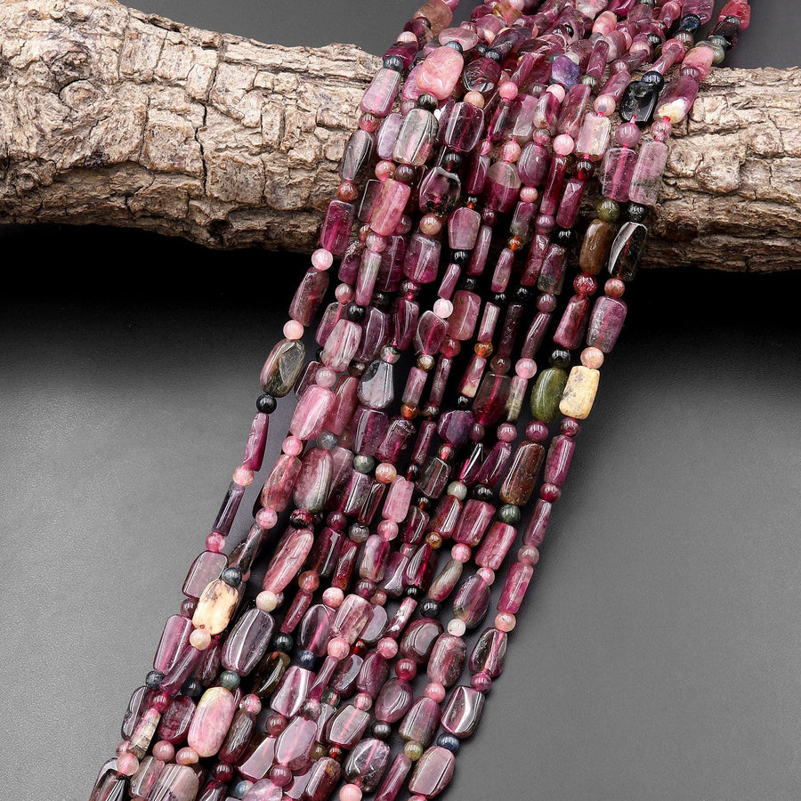 Natural Fuchsia Pink Tourmaline Freeform Rectangle Beads Gemstone 15.5" Strand