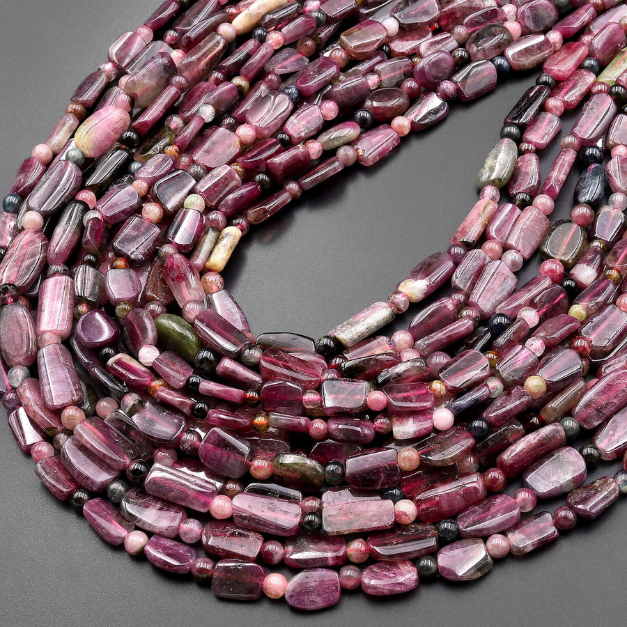 Natural Fuchsia Pink Tourmaline Freeform Rectangle Beads Gemstone 15.5" Strand