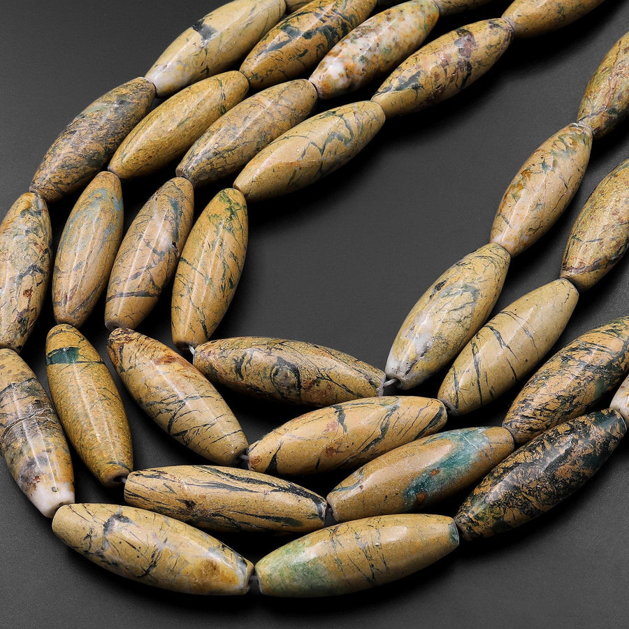 Natural Green Canyon Jasper Long Cylinder Beads Aka African Opal 15.5" Strand