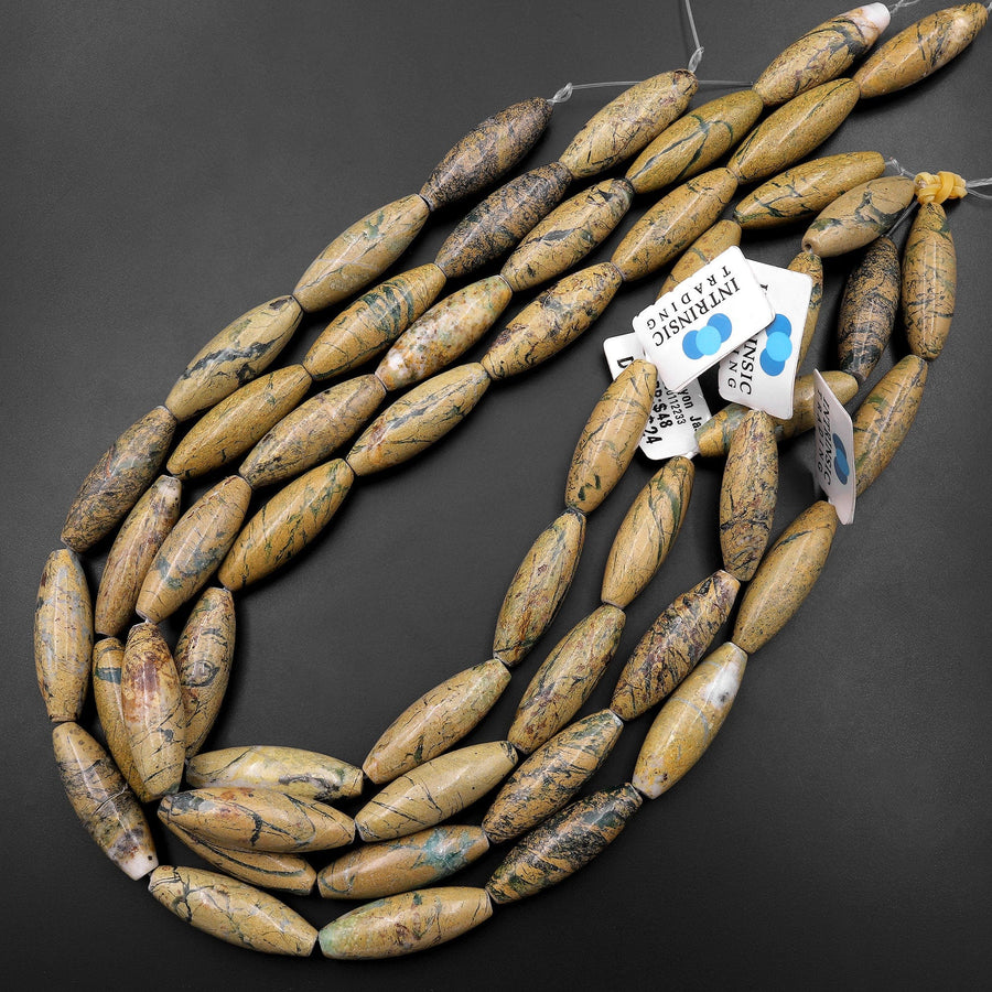 Natural Green Canyon Jasper Long Cylinder Beads Aka African Opal 15.5" Strand