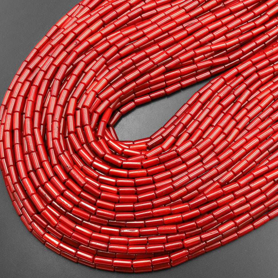 Genuine Red Bamboo Coral Smooth Thin Tube Cylinder Beads 15.5" Strand
