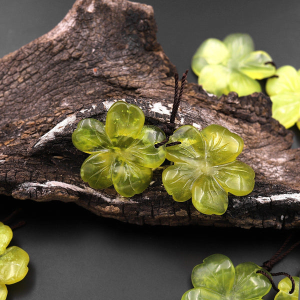 Hand Carved Natural Chartreuse Jade Flower Earring Pair Drilled Gemstone Matched Beads