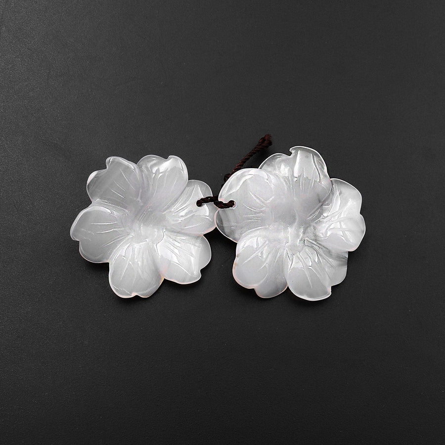 Hand Carved Natural White Agate Flower Earring Pair Drilled Gemstone Matched Beads