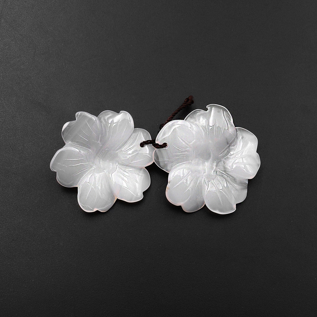 Hand Carved Natural White Agate Flower Earring Pair Drilled Gemstone Matched Beads A2