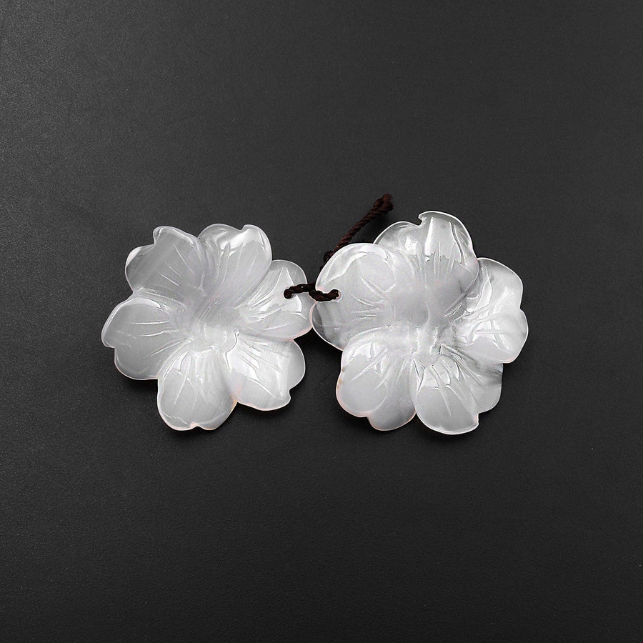 Hand Carved Natural White Agate Flower Earring Pair Drilled Gemstone Matched Beads A2