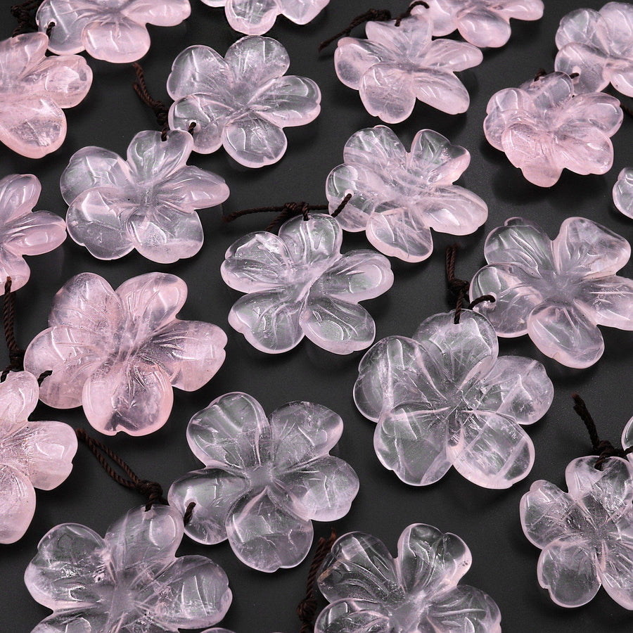 Hand Carved Natural Pink Rose Quartz Flower Earring Pair Drilled Gemstone Matched Beads