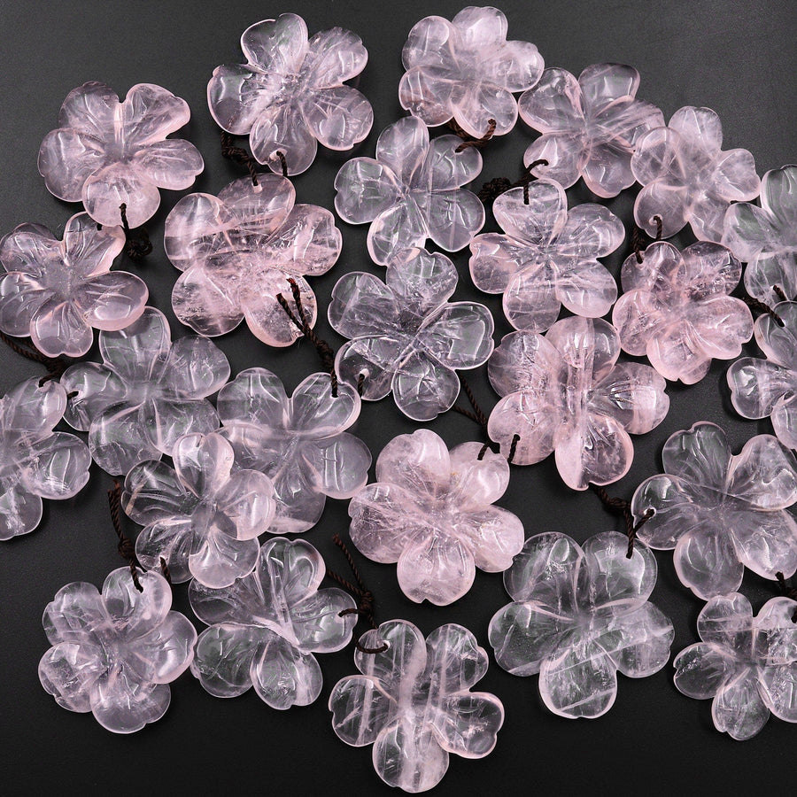 Hand Carved Natural Pink Rose Quartz Flower Earring Pair Drilled Gemstone Matched Beads