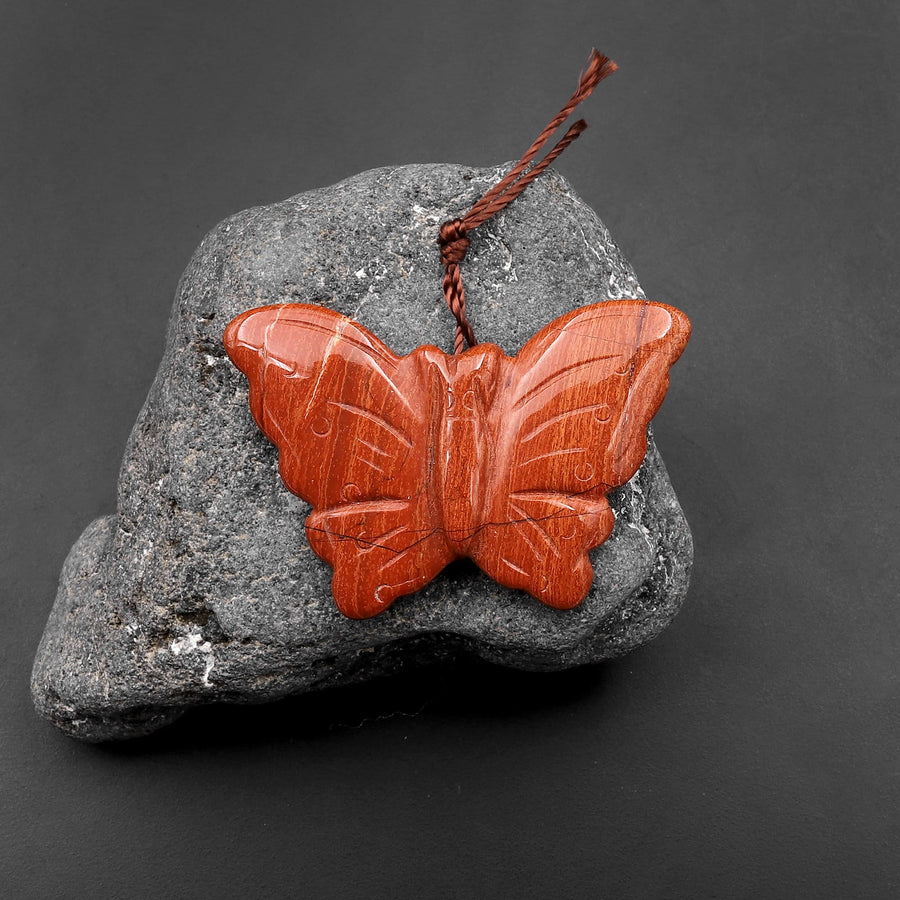 Hand Carved Natural Red Jasper Butterfly Pendant Gemstone Focal Bead
