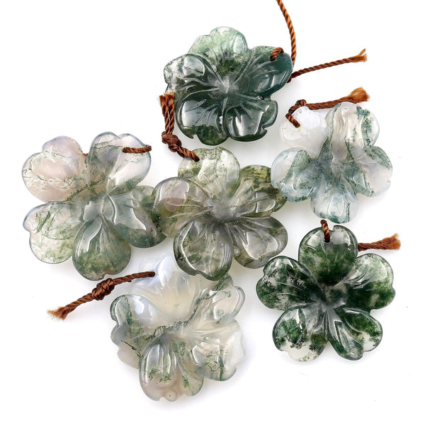 Hand Carved Natural Green Moss Agate Flower Pendant Translucent Gemstone Bead