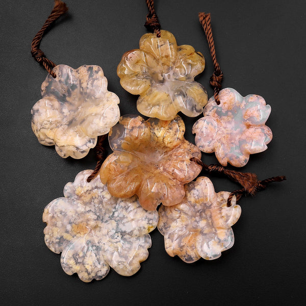 Hand Carved Natural Cherry Agate Flower Pendant Translucent Gemstone Bead