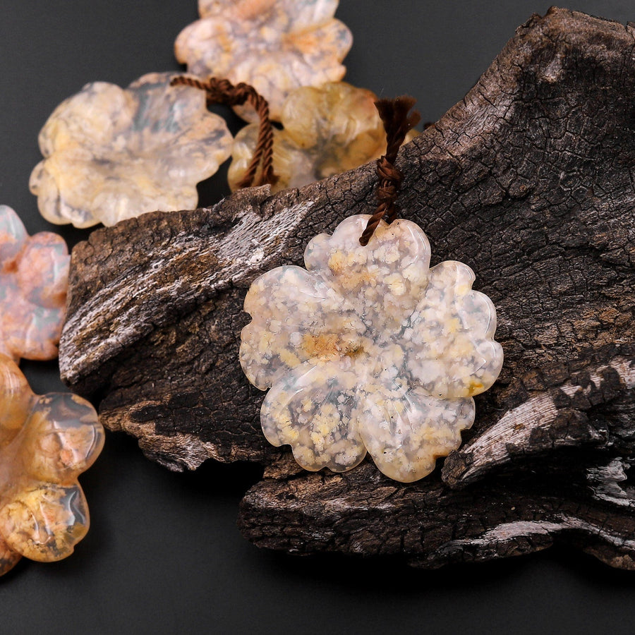 Hand Carved Natural Cherry Agate Flower Pendant Translucent Gemstone Bead