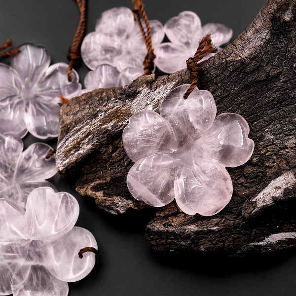 Hand Carved Natural Pale Pink Rose Quartz Flower Pendant Translucent Gemstone Bead