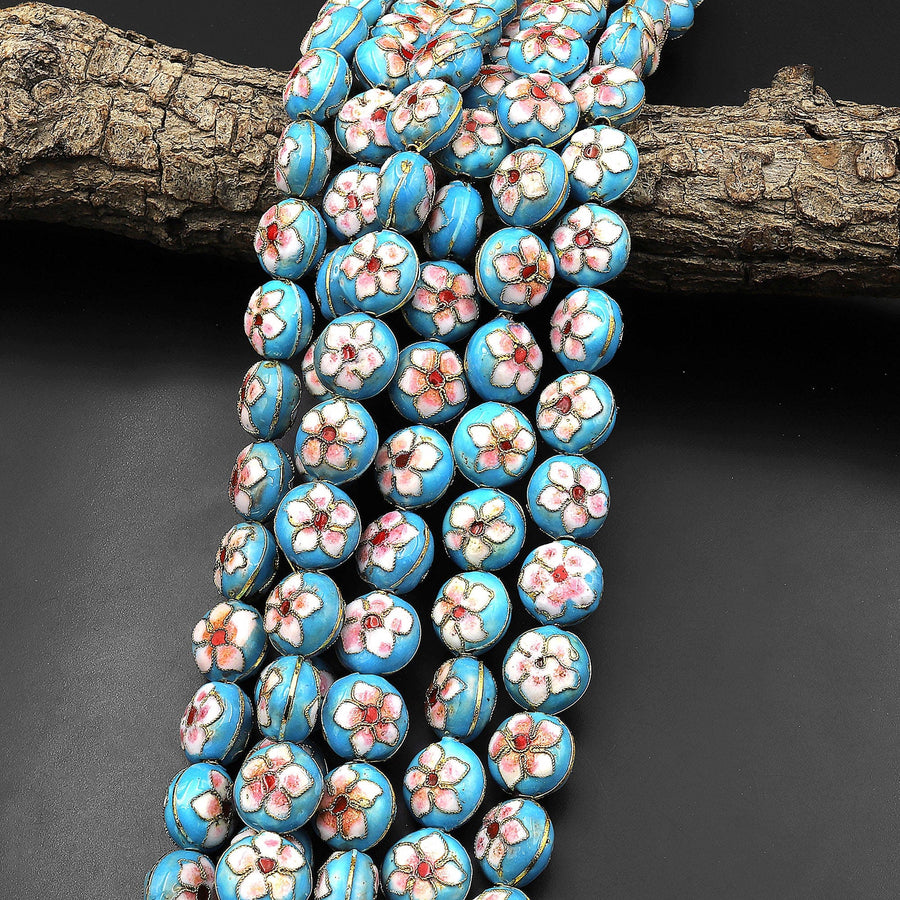 Blue Pink Cloisonné Coin Beads 14mm Decorative Floral Copper Enamel 15.5" Strand