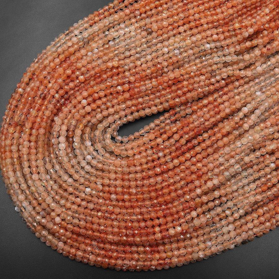 Faceted Natural Arusha Sunstone Round Beads 4mm Sparkling Micro Diamond Cut Gemstone 15.5" Strand