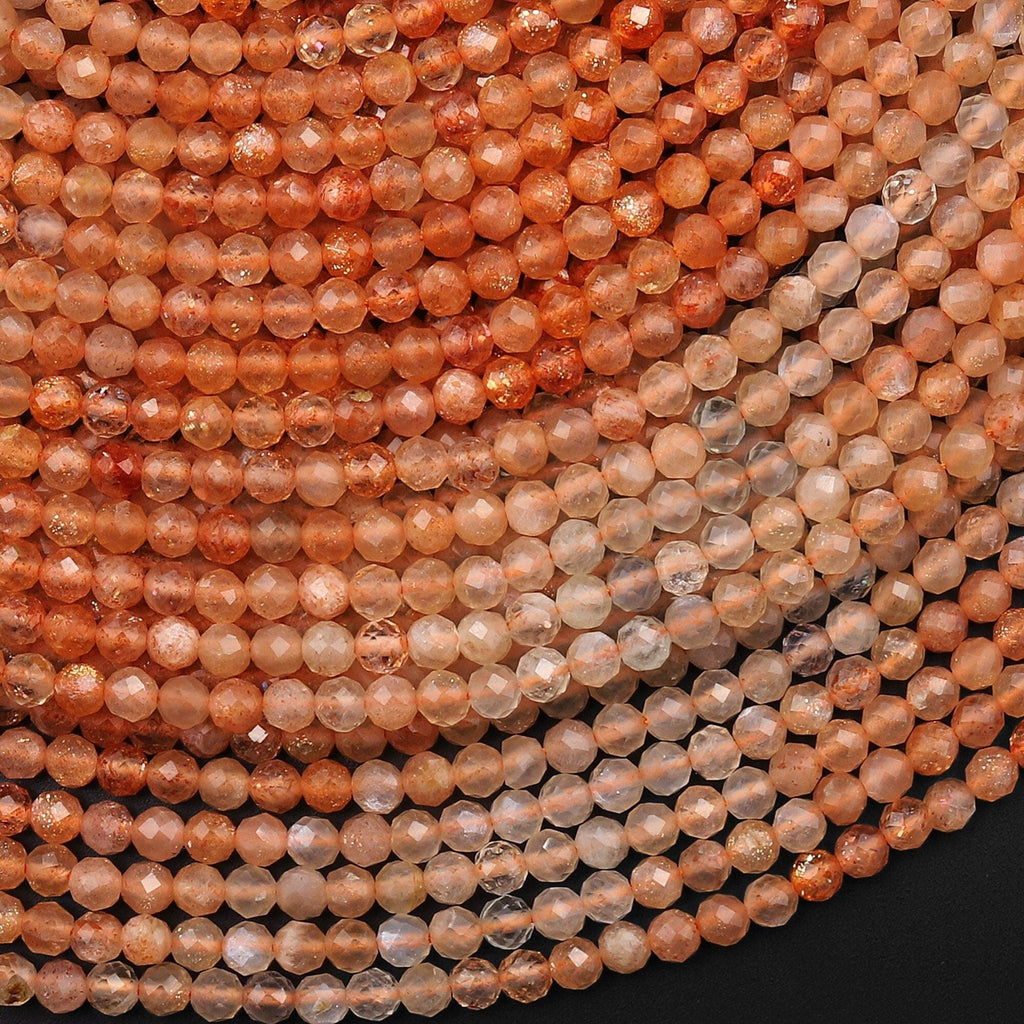 Faceted Natural Arusha Sunstone Round Beads 4mm Sparkling Micro Diamond Cut Gemstone 15.5" Strand