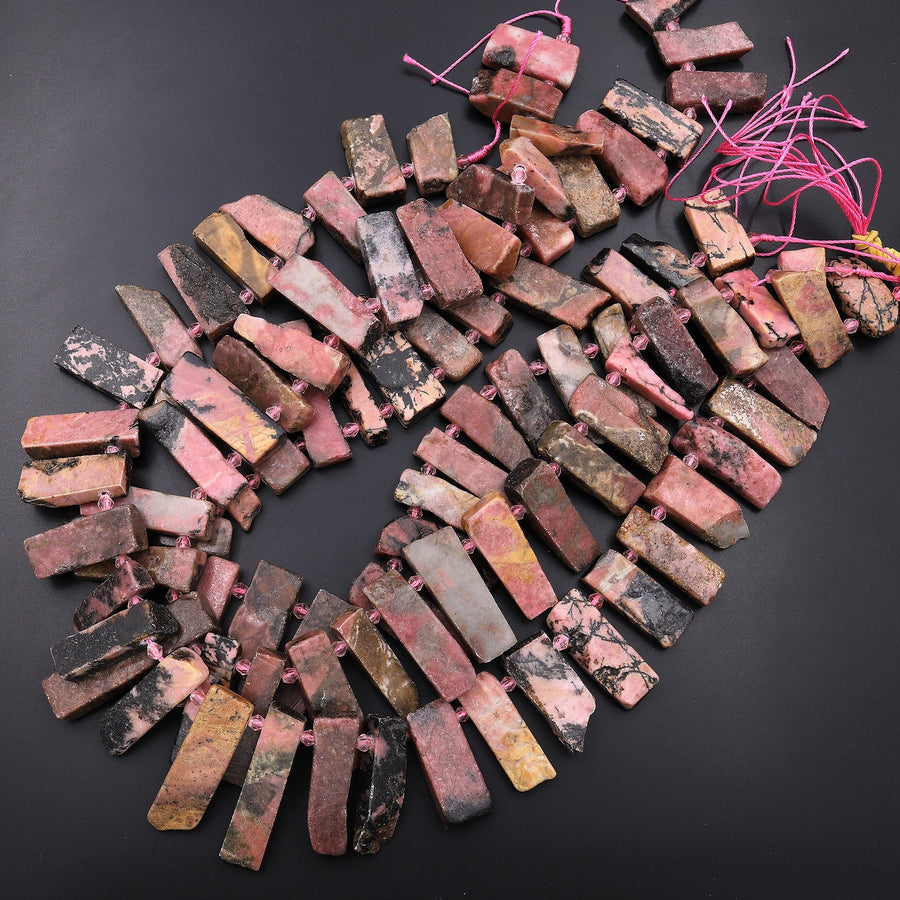 Natural Rhodonite Freeform Rectangle Bead Spike Cleopatra Fan Shape 15.5" Strand