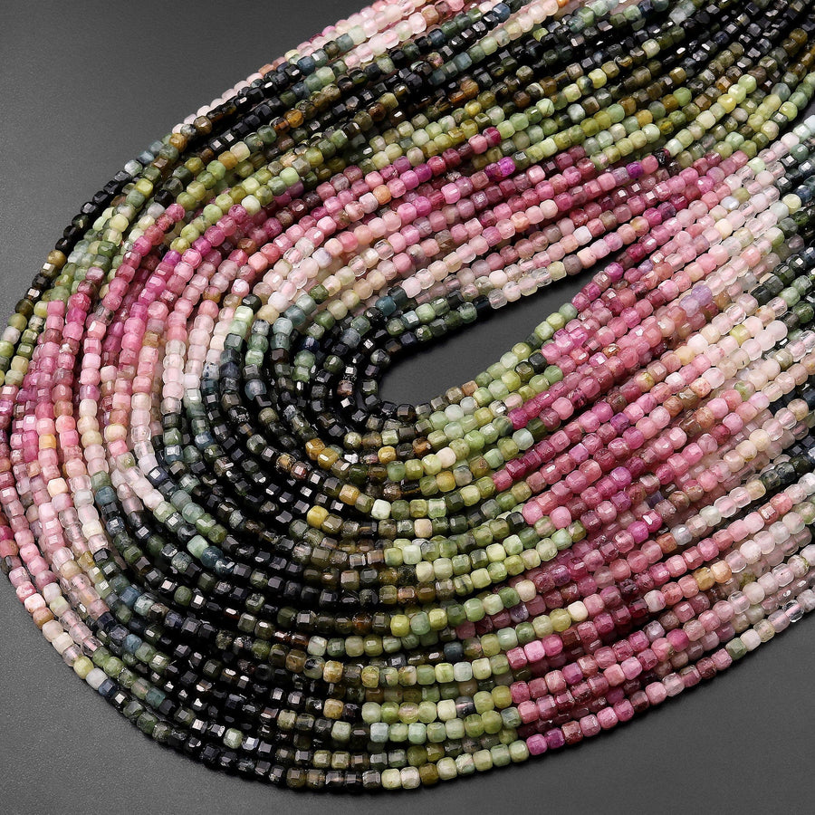 Natural Pink Green Blue Tourmaline Faceted 2mm Cube Beads Gemstone 15.5" Strand