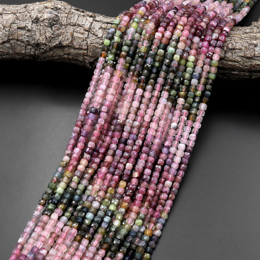 Natural Pink Green Blue Tourmaline Faceted 4mm Cube Beads Gemstone 15.5" Strand
