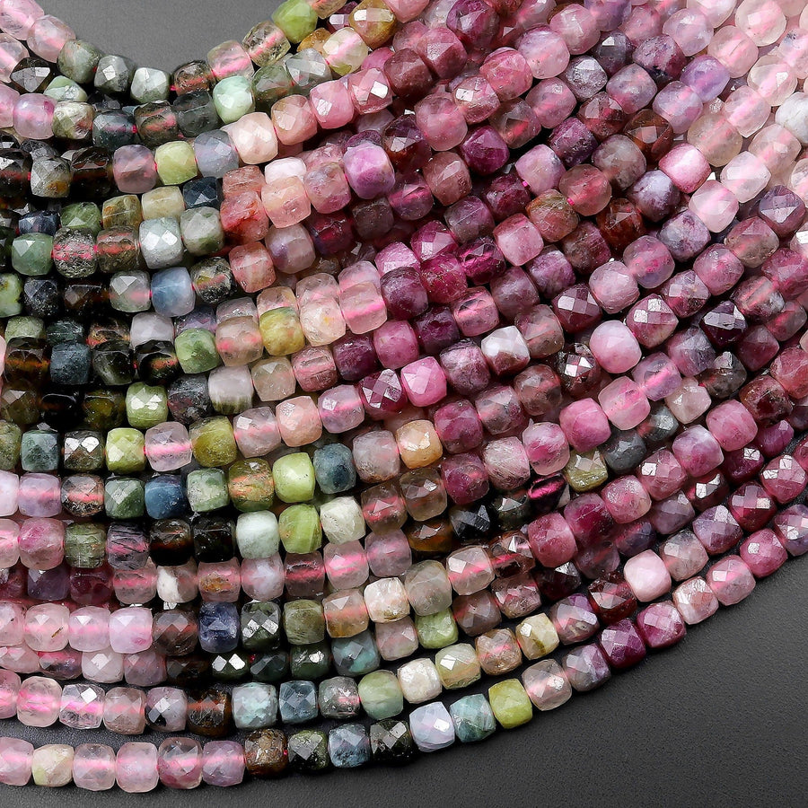 Natural Pink Green Blue Tourmaline Faceted 4mm Cube Beads Gemstone 15.5" Strand