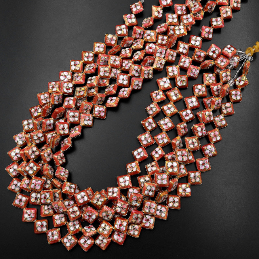 Salmon Peach Cloisonné Diamond Beads 12mm Decorative Floral Copper Enamel 15.5" Strand