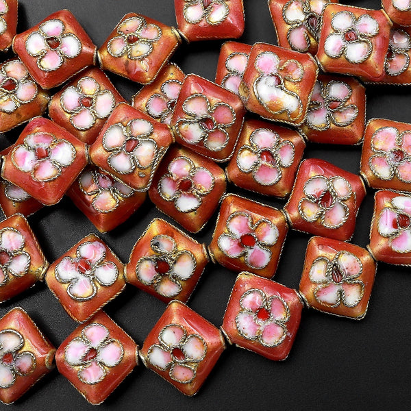 Salmon Peach Cloisonné Diamond Beads 12mm Decorative Floral Copper Enamel 15.5" Strand