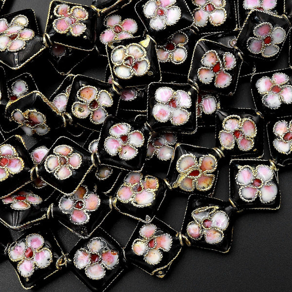 Black Pink Cloisonné Diamond Beads 12mm Decorative Floral Copper Enamel 15.5" Strand