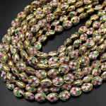 Pink Green Gold Cloisonné 12mm Beads Oval Decorative Floral Enamel 15.5" Strand