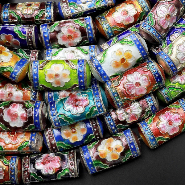 Cloisonné 22mm Beads Long Cylinder Decorative Floral Enamel 15.5" Strand