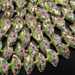 Gold Pink Green Fan Cloisonné Beads Decorative Floral Enamel 15.5" Strand