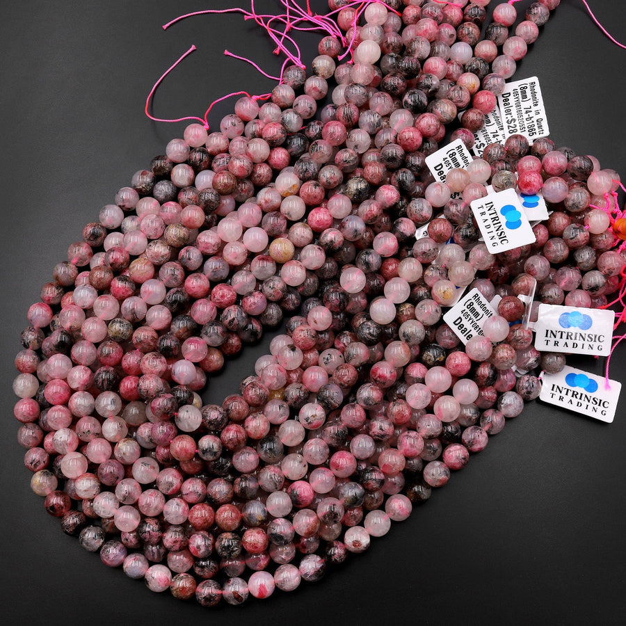 Natural Pink Rhodonite In Quartz Beads 8mm 10mm Round Beads 15.5" Strand