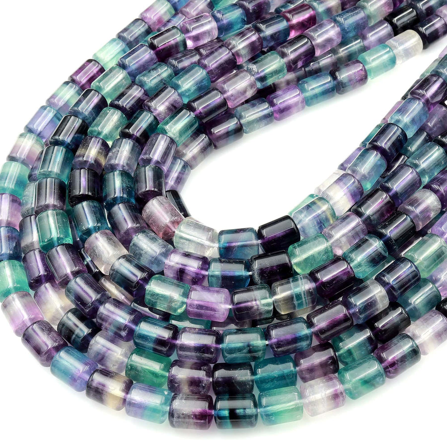 Natural Green Purple Fluorite Cylinder Beads 15.5" Strand