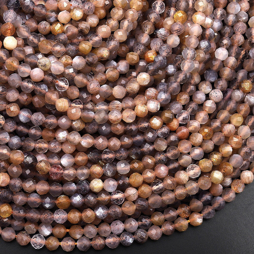 Micro Faceted Natural Gray Peach Sunstone Round Beads 3mm 4mm 15.5" Strand