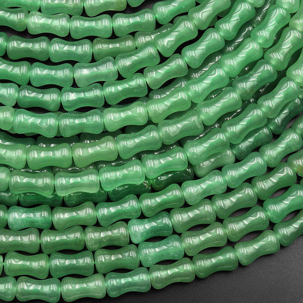 Natural Green Aventurine Tube Cylinder Carved Bamboo Stem Shape 15.5" Strand